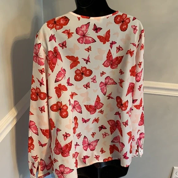 Jones New York Collection Butterfly Print Popover Blouse Size 8 - Picture 5 of 12